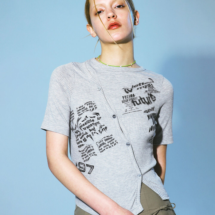 韓國PRENDA - DISTORTED COLLAGE CARDIGAN GRAY